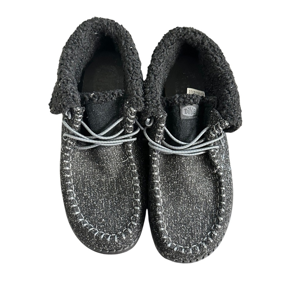 Hey Dude Wendy Fold Brushed Cozy Black Metallic Faux Fur Loafers W6 42025-060